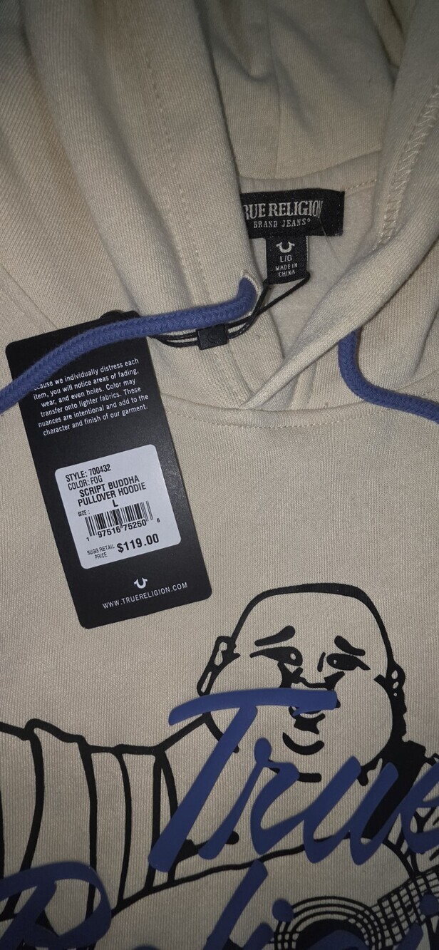 NWT True Religion Men's Script Buddah Pullover Hoodie Size L Color:Fog Sku 205